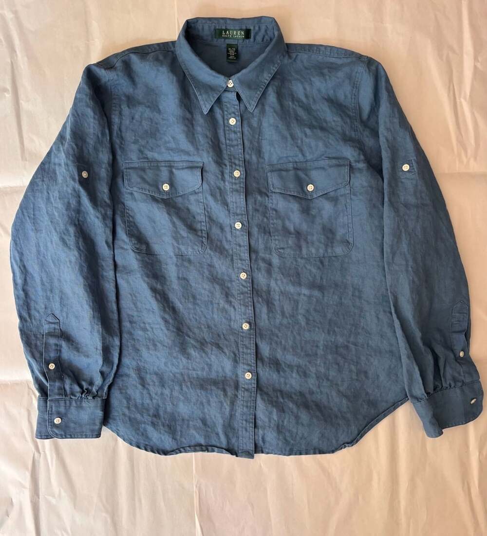 Lauren Ralph Lauren Women's Blue 100% Linen Long Sleeve Button Down Shirt XL
